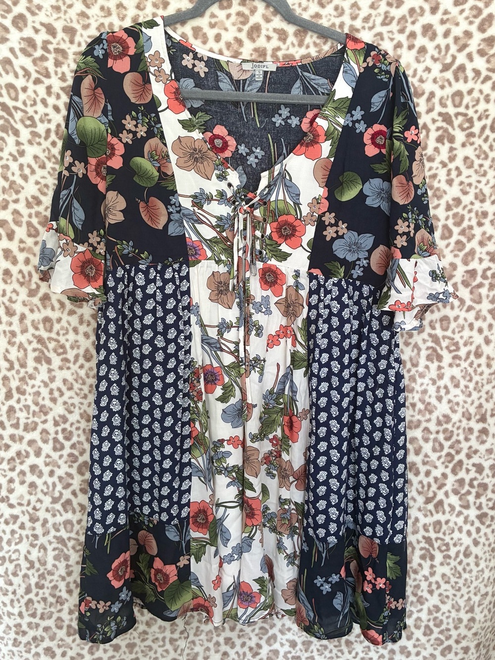 JODIFL Floral Patchwork Lace-Up Babydoll Dress Boho Size Small